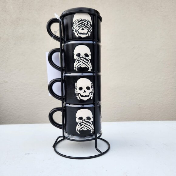 NEW Ceramic Skeleton Espresso Mugs Mug Set of 4 Stacking Stackable Black Stonewa - Picture 4 of 15
